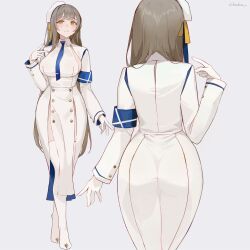 1girl armband blue_necktie boots brown_hair button_up_skirt chowbie front_slit gloves long_hair long_skirt long_sleeves necktie original pointing pointing_at_self skirt thigh_boots tie_clip white_boots white_gloves white_skirt