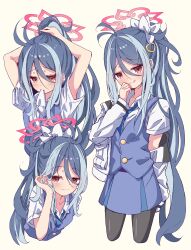1girl :q absurdres alternate_hairstyle black_pantyhose blue_archive blue_hair blue_necktie blue_skirt blue_vest closed_mouth commentary cropped_torso fubuki_(blue_archive) halo highres kanikama_acedia long_hair miniskirt mouth_hold multiple_views necktie pantyhose pink_eyes pink_halo ponytail shirt short_sleeves simple_background skirt smile tongue tongue_out very_long_hair vest white_background white_shirt