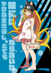 1girl bare_shoulders barefoot blonde_hair cat_ear_helmet donut dress food gesugesu_ahoaho goggles goggles_on_headwear helmet long_hair monogatari_(series) oshino_shinobu pastry_box pointy_ears solo strap_slip vampire very_long_hair white_dress yellow_eyes