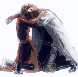 Rule 34 | 1boy, 1girl, bandaged arm, bandages, black boots, black shirt, blood, bloody bandages, boots, braid, brother and sister, cape, chinese clothes, dress, gintama, grey cape, highres, hug, kagura (gintama), kamui (gintama), kneeling, long hair, lushu kuye, orange hair, red dress, shirt, short hair, siblings, single braid, white background