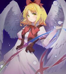 1girl absurdres angel_wings blonde_hair bow bowtie brown_vest commentary_request dress feathered_wings gengetsu_(touhou) hair_bow highres juliet_sleeves kitahara_(pixiv_19528441) long_sleeves looking_at_viewer magic open_clothes open_vest parted_bangs parted_lips puffy_sleeves red_bow red_bowtie short_hair smile solo standing touhou touhou_(pc-98) vest white_dress white_wings wings yellow_eyes