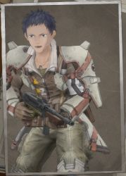 1boy 3d armor black_hair blue_eyes clothes coat earrings gloves gun jacket jewelry male_focus military military_uniform necklace official_art open_mouth pants sega senjou_no_valkyria_(series) senjou_no_valkyria_4 serious shirt short_hair simple_background solo standing weapon zaiga