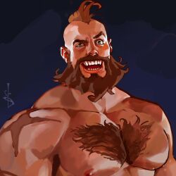 Rule 34 | 1boy, beard, blue background, brown hair, chest hair, cocked eyebrow, collarbone, facial hair, fumezu1, highres, male focus, mohawk, muscular, muscular male, open mouth, scar, scar on shoulder, smile, solo, street fighter, teeth, topless male, upper body, wide-eyed, zangief
