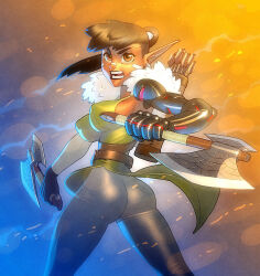 1girl ass axe breasts brown_eyes commission covered_erect_nipples cowboy_shot dark-skinned_female dark_skin elf fangs highres holding holding_axe large_breasts mechanical_arms open_mouth original pointy_ears ponytail quiver simple_background solo sykosan