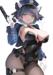 1girl :3 absurdres alternate_costume alternate_hair_length alternate_hairstyle aqua_eyes aqua_hair aqua_streaks azur_lane belt between_breasts black_belt black_leotard black_pantyhose blue_hair blue_jacket blush breasts cheshire_(azur_lane) classic_(zildjian33) colored_inner_hair covered_navel cowboy_shot cropped_jacket earrings gloves gun hair_ornament handgun hat highleg highleg_leotard highres holding holding_gun holding_weapon holster jacket jewelry large_breasts leotard long_sleeves looking_at_viewer multicolored_hair necktie necktie_between_breasts open_clothes open_jacket open_mouth paid_reward_available pantyhose paw_print peaked_cap police_hat red_necktie short_hair simple_background smile solo strapless strapless_leotard thigh_holster two-tone_hair utility_belt weapon weapon_case white_background white_gloves
