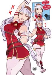 animal_ears blunt_bangs boots bow brown_hat dress ear_bow ear_covers ear_ornament ear_ribbon english_text full_body gold_ship_(umamusume) hat highres horse_ears horse_girl horse_tail kamii_momoru microphone multiple_views muscular muscular_female pillbox_hat pink_eyes red_dress signature smile sparkle speech_bubble tail thigh_strap umamusume white_boots white_hair