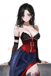 1girl artist_name bare_shoulders black_bra black_hair black_sleeves blue_eyes blue_skirt blue_thighhighs bra breasts character_request chokopaii commission contrapposto copyright_request corset cowboy_shot cross-laced_clothes cross-laced_legwear detached_sleeves earrings highres jewelry lace lace_bra large_breasts looking_at_viewer navel necklace parted_bangs red_corset red_nails red_skirt serious side_slit skirt solo strapless strapless_bra thighhighs thighs underwear white_background