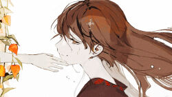 1girl 1other brown_eyes brown_hair brown_kimono chinese_lantern_(plant) closed_mouth commentary_request floating_hair from_side highres japanese_clothes kimono long_hair mitsubachi_(roundbee) original out_of_frame profile reaching reaching_towards_another simple_background solo_focus tears upper_body white_background wind