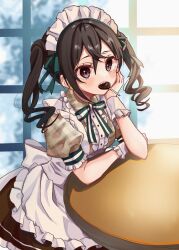 1girl apron black_hair black_skirt bow brown_eyes brown_shirt center_frills commentary_request food_in_mouth frilled_apron frilled_skirt frills green_bow hair_between_eyes highres idolmaster idolmaster_cinderella_girls idolmaster_cinderella_girls_starlight_stage long_hair looking_at_viewer maid_headdress mouth_hold plaid_clothes plaid_shirt puffy_short_sleeves puffy_sleeves rino_cnc sharp_teeth shirt short_sleeves skirt solo striped_bow sunazuka_akira table teeth white_apron window wrist_cuffs
