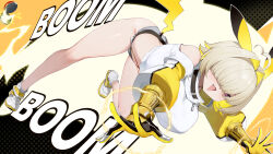 1girl absurdres ahoge all_fours animal_ears black_gloves blonde_hair breasts chinese_commentary clothing_cutout commentary commentary_request cosplay crop_top electricity elegg_(nikke) english_commentary english_text fang gloves goddess_of_victory:_nikke grey_shorts hair_intakes hair_over_eyes highres kanon_(sinto) large_breasts long_bangs long_sleeves looking_at_viewer micro_shorts midriff mixed-language_commentary multicolored_hair nintendo open_mouth pikachu_ears pikachu_tail poke_ball pokemon pokemon_tail purple_eyes shirt short_hair shorts shoulder_cutout simple_background smile solo stomach tail thighs two-sided_gloves two-tone_gloves two-tone_hair white_footwear white_shirt yellow_gloves
