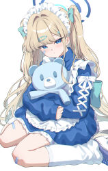 1girl absurdres akazaki_yukino alternate_costume alternate_hairstyle bandaid bandaid_on_cheek bandaid_on_face blonde_hair blue_archive blue_dress blue_eyes blue_halo blue_shoes blush commentary_request dress halo highres hugging_doll hugging_object jersey_maid long_hair looking_at_viewer maid maid_headdress shoes simple_background sitting sleeves_past_wrists socks solo stuffed_animal stuffed_toy teddy_bear toki_(blue_archive) twintails unconventional_maid very_long_hair wariza white_background white_socks