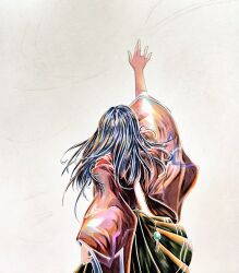 1girl black_hair facing_away hair_ornament hand_up heaven_burns_red long_hair long_sleeves midoriyamamuras nikaidou_misato painting_(medium) sidelocks solo traditional_media white_background wide_sleeves