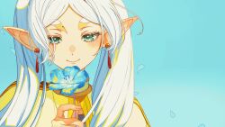 Rule 34 | 1girl, absurdres, animated, animated gif, blinking, blue background, blue eyes, blue flower, blush, capelet, closed mouth, commentary request, earrings, elf, falling petals, floating hair, flower, flower to mouth, frieren, highres, holding, holding flower, jewelry, long hair, nakauma, nemophila (flower), petals, pointy ears, simple background, smile, solo, sousou no frieren, thick eyebrows, twintails, white capelet, white hair