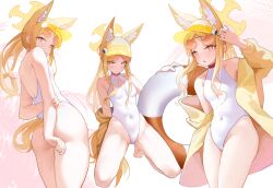 1girl :o absurdres adjusting_eyewear animal_ear_fluff animal_ears ass backless_swimsuit bare_back bare_legs bare_shoulders barefoot blonde_hair blue_archive blush breasts covered_navel cowboy_shot cross_halo diamond_cutout extra_ears eyewear_on_head feet fox_ears fox_girl fox_tail half-closed_eyes halo hand_on_eyewear hand_up highleg highleg_one-piece_swimsuit highres holding holding_own_arm holding_swim_ring innertube jacket loli long_hair long_sleeves looking_at_viewer multiple_views off_shoulder official_alternate_costume official_alternate_hairstyle one-piece_swimsuit orange-tinted_eyewear orange_eyes seia_(blue_archive) seia_(swimsuit)_(blue_archive) shinba233 side_ponytail small_breasts squatting sunglasses swim_ring swimsuit tail thighs tinted_eyewear toes very_long_hair visor_cap white_one-piece_swimsuit yellow_halo yellow_jacket yellow_visor