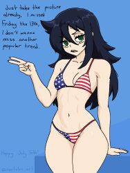 Rule 34 | 1girl, american flag, american flag bikini, american flag print, annoyed, arm support, arm up, bikini, black hair, blue background, breasts, collarbone, cowboy shot, english text, fingernails, flag print, flag print bikini, fourth of july, green eyes, hair between eyes, half-closed eyes, kuroki tomoko, leaning on object, long hair, looking to the side, messy hair, multicolored bikini, navel, nevtelen, open mouth, print bikini, simple background, small breasts, solo, swimsuit, talking, teeth, tongue, twitter username, upper teeth only, v, watashi ga motenai no wa dou kangaetemo omaera ga warui!, watermark