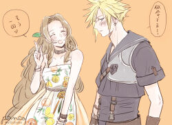 1boy 1girl aerith_gainsborough aerith_gainsborough_(citric_dress) ancotsubu armor artist_name bare_shoulders black_sailor_collar black_shirt blonde_hair blue_eyes blush bracelet breasts brown_gloves brown_hair choker cleavage closed_eyes cloud_strife cloud_strife_(maritime_sailor) dress earrings final_fantasy final_fantasy_vii final_fantasy_vii_ever_crisis food-themed_earrings food_print food_themed_earrings fruit_print gloves green_ribbon hair_between_eyes hair_ribbon half_updo jewelry leather_armor long_hair medium_breasts official_alternate_costume open_mouth orange-shaped_earrings orange-shaped_ornament orange_background orange_print parted_bangs parted_lips pointing print_dress ribbon sailor_collar shirt short_hair short_sleeves shy sidelocks single_earring sketch smile spiked_hair strapless strapless_dress suspenders sweatdrop twitter_username upper_body wavy_hair
