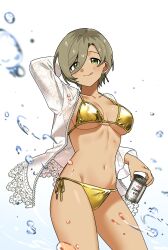 1girl absurdres arm_up asahi_breweries beer_can bikini breasts can closed_mouth dark-skinned_female dark_skin drink_can earrings girls_band_cry gold_bikini green_eyes grey_hair habsida_(habsida_hpy) highres holding holding_can jacket jewelry large_breasts licking_lips looking_at_viewer multicolored_hair navel open_clothes open_jacket roots_(hair) rupa_(girls_band_cry) short_hair simple_background solo splashing swimsuit tongue tongue_out white_background white_jacket