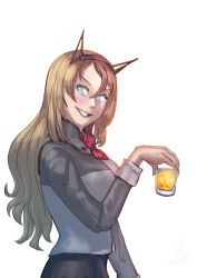 Rule 34 | 1girl, absurdres, black skirt, blonde hair, blue eyes, cup, drinking glass, grey jacket, hairband, headgear, highres, jacket, kantai collection, long hair, military uniform, nelson (kancolle), one-hour drawing challenge, parted lips, ron (pixiv83091338), simple background, skirt, smile, solo, upper body, white background