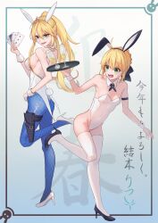 2girls absurdres ahoge animal_ears arm_strap artoria_pendragon_(fate) artoria_pendragon_(swimsuit_ruler)_(fate) artoria_pendragon_(swimsuit_ruler)_(first_ascension)_(fate) backless_leotard bare_arms bare_shoulders black_bow black_footwear blonde_hair blue_pantyhose bow bra braid breasts card clumsy commentary covered_navel crown_braid detached_collar english_commentary fake_tail fate/grand_order fate_(series) fishnet_pantyhose fishnets from_side full_body green_eyes groin hair_between_eyes hair_bow high_heels highleg highleg_leotard highres holding holding_card holding_tray holster leotard long_hair looking_at_viewer medium_breasts multiple_girls open_mouth pantyhose playboy_bunny playing_card ponytail pumps rabbit_ears saber_(fate) saber_lily sideboob small_breasts soymilk26 strapless strapless_leotard sweatdrop tail thigh_holster tiara tray underwear v-shaped_eyebrows white_footwear white_leotard wrist_cuffs