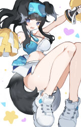 Rule 34 | animal ears, aqua necktie, aqua shirt, aqua skirt, armband, black gloves, black hair, blue archive, blue eyes, breasts, cheerleader, cleavage, commentary, detached collar, dog ears, dog tail, gloves, goggles, goggles on head, heart, hibiki (blue archive), hibiki (cheer squad) (blue archive), highres, holding, holding pom poms, long sidelocks, looking at viewer, medium breasts, millennium cheerleader outfit (blue archive), navel, necktie, no halo, pom pom (cheerleading), pom poms, ponytail, shirt, shoes, sidelocks, skirt, sneakers, star (symbol), star sticker, suuuuica, tail, two-tone shirt, two-tone skirt, white background, white shirt, white skirt