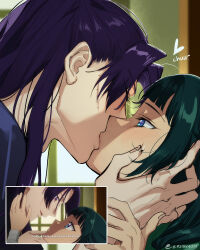 Rule 34 | 1boy, 1girl, blue eyes, blunt bangs, blush, chinese clothes, closed eyes, clothing request, commentary, couple, eriimyon, freckles, french kiss, from side, green hair, hand on another&#039;s face, highres, jinshi (kusuriya no hitorigoto), kiss, kusuriya no hitorigoto, lips, looking at another, maomao (kusuriya no hitorigoto), reference inset, scar, scar on face, twitter username