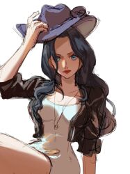 1girl black_hair black_jacket blue_eyes closed_mouth dress hashtag-only_commentary hat highres holding holding_unworn_clothes holding_unworn_hat jacket jewelry long_hair ltangtang116772 necklace nico_robin one_piece one_piece_film:_red red_lips simple_background solo unworn_hat unworn_headwear white_background white_dress