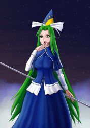 1girl absurdres blue_dress dress green_eyes green_hair highres holding holding_staff long_hair mima_(touhou) night night_sky nikitron_xd ojou-sama_pose sky smirk staff touhou touhou_(pc-98)
