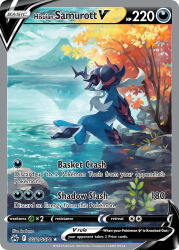 animal_focus artist_name autumn_leaves card_(medium) character_name cloud cloudy_sky company_name copyright_name copyright_notice english_text from_behind hisuian_samurott kodama_(pukupuku) leaf mountain nintendo no_humans official_art pokemon pokemon_(creature) pokemon_card pokemon_focus pokemon_tcg red_eyes reflection reflective_water rock sky solo third-party_source trading_card tree water