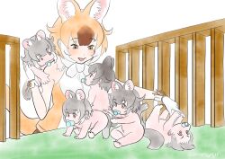 Rule 34 | 1girl, 5others, aburaeoyaji, animal ears, baby, baby carry, brown eyes, brown hair, carrying, carrying baby, carrying person, crib, dhole (kemono friends), dog ears, dog girl, dog tail, extra ears, fur collar, gloves, grey hair, highres, kemono friends, kemono friends 3, mother and child, multiple others, pacifier, playing, shirt, sleeveless, sleeveless shirt, tail