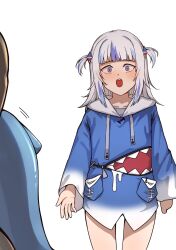 1boy 1girl absurdres anal_beads anal_tail animal_costume animal_hood blue_eyes blue_hair blue_hoodie blunt_bangs butt_plug fake_tail fins fish_tail gawr_gura gawr_gura_(1st_costume) grey_hair hair_ornament highres hololive hololive_english hood hoodie implied_object_insertion implied_tail_plug iver_(reviolet) long_sleeves multicolored_hair open_mouth sex_toy shark_costume shark_girl shark_hair_ornament shark_hood shark_print shark_tail sharp_teeth streaked_hair surprised swallowing tail teeth two_side_up unworn_butt_plug virtual_youtuber white_background wide-eyed