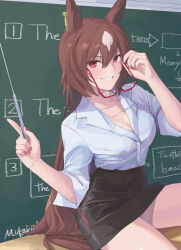 1girl absurdres alternate_costume animal_ears artist_name black_skirt breasts brown_hair cleavage collared_shirt commentary_request ear_ornament grin hair_between_eyes highres holding holding_pointer horse_ears horse_girl horse_tail long_hair looking_at_viewer medium_breasts mukakin multicolored_hair nail_polish pointer red-framed_eyewear red_eyes red_nails semi-rimless_eyewear shirt sirius_symboli_(umamusume) sitting skirt smile solo streaked_hair tail umamusume very_long_hair white_hair white_shirt