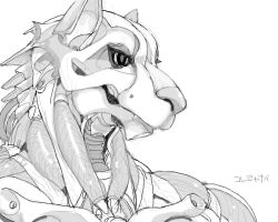 1boy furry furry_male greyscale humanoid_robot kikurage_(crayon_arts) looking_to_the_side male_focus monochrome original portrait robot simple_background solo translation_request white_background wolf_boy