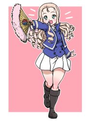 Rule 34 | 1girl, bc freedom (emblem), bc freedom military uniform, black boots, blonde hair, blue jacket, blue vest, blush, boots, collared shirt, curly hair, emblem, girls und panzer, green eyes, hand fan, holding, holding fan, jacket, marie (girls und panzer), miniskirt, open mouth, outstretched arm, pink background, pleated skirt, shirt, simple background, skirt, smile, takahashi kurage, thighs, vest, white shirt