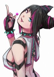 1girl absurdres black_gloves black_hair blue_eyes breasts candy covered_erect_nipples fingerless_gloves food gloves hair_horns han_juri head_tilt heterochromia highres holding holding_candy holding_food holding_lollipop lollipop looking_at_viewer medium_breasts middle_finger momo_juice multicolored_hair purple_eyes purple_hair revealing_clothes simple_background solo streaked_hair street_fighter tongue tongue_out two-tone_hair vest white_background white_vest