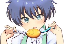 Rule 34 | 1boy, blue eyes, blue hair, close-up, commentary, crime prevention buzzer, lloyd de saloum, looking at viewer, male focus, muji arua, open mouth, osugaki, short hair, simple background, smile, solo, tensei shitara dai nana oji datta no de: kimama ni majutsu o kiwamemasu, upper body