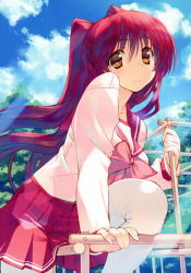 Rule 34 | 1girl, absurdres, amazuyu tatsuki, blue sky, bow, bowtie, brown eyes, cloud, collarbone, day, female focus, floating hair, hair between eyes, highres, kousaka tamaki, long hair, miniskirt, outdoors, pink bow, pink bowtie, pleated skirt, red hair, red skirt, shirt, skirt, sky, solo, sunlight, to heart, to heart (series), to heart 2, very long hair, white legwear, white shirt