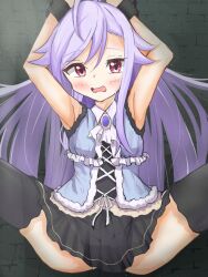 1girl ahoge arms_up bdsm blush bondage bound clothes_lift embarrassed highres long_hair miniskirt niizuma_yae panties pantyshot restrained skirt skirt_lift spread_legs thighhighs underwear world_dai_star