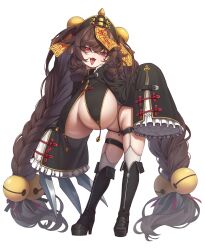 1girl absurdly_long_hair absurdres bell black_boots black_panties boots braid breasts brown_hair elomil fang full_body hair_bell hair_ornament high_heel_boots high_heels highres huge_breasts jiangshi jingle_bell leaning_forward long_hair looking_at_viewer ofuda oppai_loli original panties red_eyes revealing_clothes simple_background sleeves_past_fingers sleeves_past_wrists smile solo standing thigh_strap thighhighs tongue tongue_out underwear very_long_hair white_background white_thighhighs