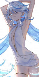 1girl adversarial_noise alternate_costume armpits arms_up blue_eyes blue_hair breasts clothing_cutout colored_inner_hair cowboy_shot dated dress drop-shaped_pupils frown furina_(genshin_impact) genshin_impact grey_hair heterochromia highres long_hair looking_at_viewer multicolored_hair ojo_aa signature simple_background sleeveless sleeveless_dress small_breasts solo streaked_hair symbol-shaped_pupils thigh_gap watermark wavy_hair white_background
