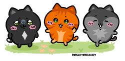 3boys :3 ^_^ animal_ears black_fur blush cat_boy cat_ears cat_tail chibi chibi_only chibikemo chiikawa closed_eyes commentary english_commentary firestar_(warrior_cats) furry furry_male grass graystripe grey_fur highres male_focus multiple_boys nagano_(grayparka)_(style) orange_fur parody pleading_eyes ravenpaw redactedhaunt style_parody tail the_prophecies_begin warrior_cats