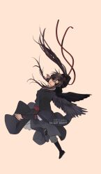 1boy ahoge artist_name black_boots black_hair black_hanfu black_wings boots brown_eyes brown_hair chinese_clothes closed_mouth commentary english_commentary feathered_wings floating_hair flying full_body grey_pants hair_ribbon hanfu highres long_hair long_sleeves looking_at_viewer male_focus minataka94 modao_zushi pants ponytail red_ribbon red_sash ribbon robe sash sidelocks simple_background smile solo wei_wuxian wide_sleeves wings