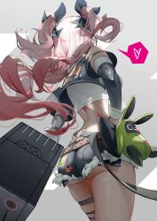 Rule 34 | 1girl, absurdres, ass, black shorts, cowboy shot, fingernails, from behind, grey background, hand on own hip, heart, highres, jelmul, long hair, nail polish, nicole demara, pink hair, pink nails, shorts, simple background, solo, speech bubble, standing, zenless zone zero