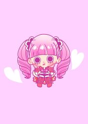 1girl absurdres blunt_bangs boots bow bowtie capelet chibi commentary hair_ribbon heart hi_ina highres looking_at_viewer lower_eyelashes_only one_piece perona pink_background pink_bow pink_bowtie pink_hair red_boots ribbon simple_background solo striped_clothes striped_thighhighs thighhighs twintails
