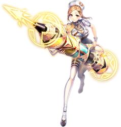 Rule 34 | 1girl, artist request, bad source, bare arms, blue bra, bra, breasts, brown hair, cleavage, collar, cua (unitia), full body, game cg, hair ornament, highres, holding, holding syringe, holding weapon, light smile, official art, orange eyes, short sleeves, solo, syringe, third-party source, transparent background, underwear, unitia, weapon