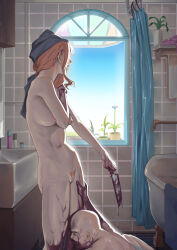 1girl absurdres bald bathroom bathtub blood curtains female_pubic_hair guro highres knife murder nude orange_hair original pubic_hair pussy shower_curtain stab zuoteng_lucha