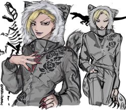 1boy adapted_costume androgynous animal_ears animal_hood animal_print black_eyes blonde_hair commentary dinosaur dinosaur_skeleton doctor_ferdinand fake_animal_ears fang fingernails fur-trimmed_hood fur_trim grey_jacket grey_pants hand_in_pocket hand_on_own_chest highres hood hood_up jacket jewelry jojo_no_kimyou_na_bouken leopard leopard_ears leopard_print long_sleeves looking_at_viewer male_focus nail_polish naru_tomaki necklace pants piercing red_nails sharp_fingernails short_hair steel_ball_run symbol-only_commentary white_background