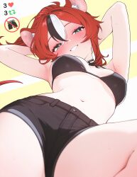 1girl alternate_costume animal_ear_fluff animal_ears armpits arms_behind_head black_bra black_hair black_shorts blue_eyes blush bra breasts commentary crossed_bangs double-parted_bangs english_commentary grin hair_between_eyes hakos_baelz highres hololive hololive_english long_hair looking_at_viewer lying medium_breasts mouse_ears mouse_girl mouse_tail multicolored_hair navel no_shirt ponytail red_hair short_shorts short_sleeves shorts sk_jynx smile solo stomach streaked_hair tail twitter_strip_game underwear virtual_youtuber white_hair