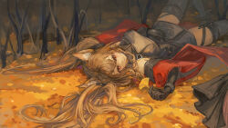 1girl absurdres angelina_(arknights) animal_ear_fluff animal_ears arknights arknights:_endfield armpit_crease autumn autumn_leaves bare_shoulders bare_tree belt black_gloves black_thighhighs bracelet breasts brown_hair coat commentary dot_nose dress elbow_gloves fox_ears fox_girl full_body gilberta_(arknights) gloves grey_dress hair_between_eyes high_belt highres infection_monitor_(arknights) jewelry karenncat knee_up leaf long_hair long_sleeves looking_at_viewer lying medium_breasts off_shoulder on_back on_floor outdoors red_coat red_eyes smile solo thighhighs tree twintails