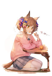 1girl absurdres animal_ears blush bow brown_eyes brown_hair character_request eating food fruit full_body grey_skirt hair_bow highres holding holding_food horse_ears horse_girl horse_tail long_sleeves mandarin_orange miniskirt mooofoo mouth_hold no_shoes pink_sweater plaid_clothes plaid_skirt pleated_skirt purple_bow red_bow seiza short_hair short_twintails sidelocks simple_background sitting skirt smart_falcon_(umamusume) solo sweater table tail thighhighs translated twintails umamusume white_background white_thighhighs yellow_bow zettai_ryouiki