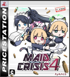 3girls absurdly_long_hair animal_ear_headphones animal_ears apron aris_(blue_archive) aris_(maid)_(blue_archive) artist_name black_dress black_hair blonde_hair blue_archive blue_eyes blue_halo cat_tail commentary_request cover dress fake_animal_ears green_eyes green_halo gun halo headphones holding holding_gun holding_weapon long_hair long_sleeves maid maid_apron maid_headdress midori_(blue_archive) midori_(maid)_(blue_archive) momoi_(blue_archive) momoi_(maid)_(blue_archive) multiple_girls nyaru_(nyaru_4126) official_alternate_costume parody pink_halo playstation_logo red_eyes short_hair siblings signature sisters tail time_crisis_(series) time_crisis_4 twins v-shaped_eyebrows very_long_hair video_game_cover weapon white_apron